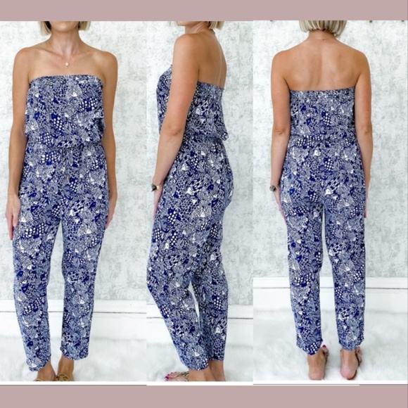 NWT Lilly Pulitzer x Target [‎ XS ] Strapless Upstream Jumpsuit Blue/Fish - Picture 1 of 12